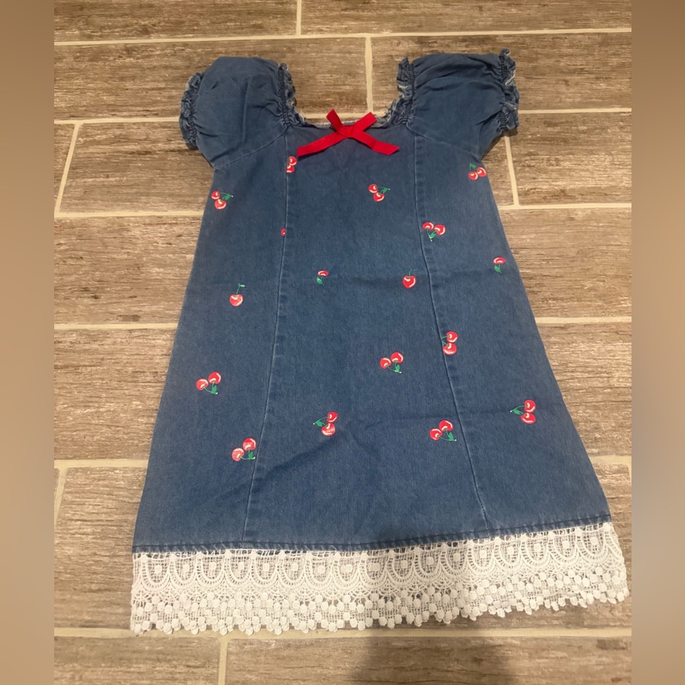 GIRLS DENIM CHERRY DRESS LACE BOWS